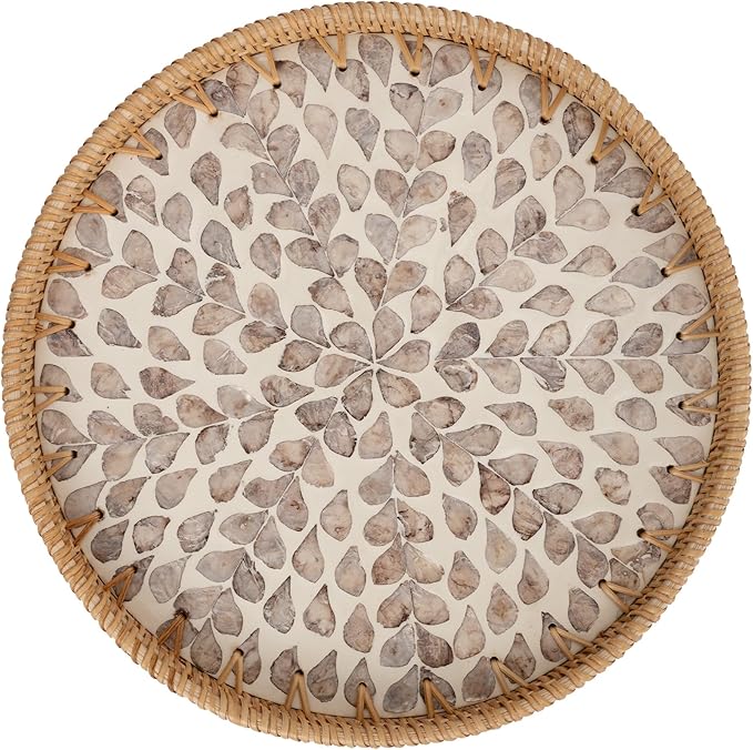 StorageWorks Decorative Coffee Table Trays for Home Decor, Round Rattan Tray with Mother of Pearl Inlay, Small Wicker Woven Serving Tray Decor for Kitchen Counter, Living Room and Ottoman, Yellow