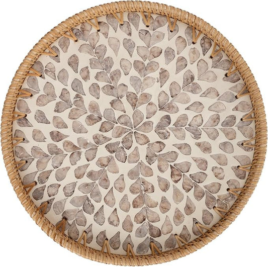 StorageWorks Decorative Coffee Table Trays for Home Decor, Round Rattan Tray with Mother of Pearl Inlay, Small Wicker Woven Serving Tray Decor for Kitchen Counter, Living Room and Ottoman, Yellow