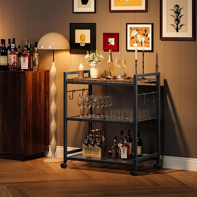 3-Tier Rolling Bar Cart, Vintage Metal Kitchen Cart with Wheels, Mobile Storage Shelf, Rolling Microwave Stand with Mesh Shelves for Home Bar, Kitchen, Rustic Brown and Black TTC06BF