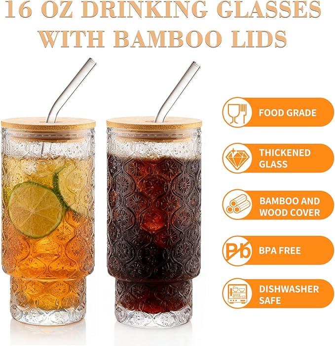 Vintage Glass Cups With Bamboo Lids And Straws 16 Oz,Vintage Tumbler Embossed Floral Glass Cups Set For Whiskey Cocktail, Beer, Iced Coffee Cups, 4pack