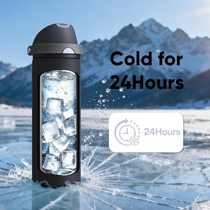 Insulated Water Bottle with Straw - Encool Stainless Steel Water Bottle with Push Button Lid, Leak-Proof & BPA-Free, Keeps Cold for 24 Hours for Sports, Travel, Gym (24 oz, Tuna Grey-Silver)
