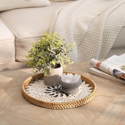 StorageWorks Decorative Coffee Table Trays for Home Decor, Round Rattan Tray with Mother of Pearl Inlay, Small Wicker Woven Serving Tray Decor for Kitchen Counter, Living Room and Ottoman, Blue