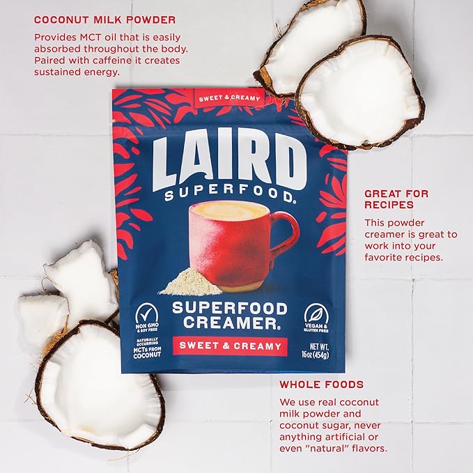 Laird Superfood Non-Dairy Superfood Creamer - Coconut Powder Coffee Creamer - Sweet & Creamy - Gluten Free, Non-GMO, Vegan - 16 oz. Bag, Pack of 2