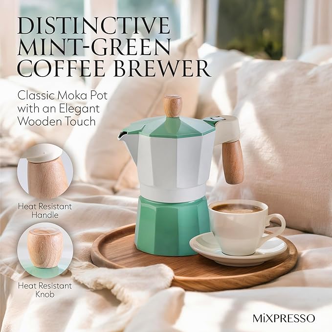 Mixpresso Moka Pot 3 Cup (5 oz Total) – Stovetop Espresso Maker for Gas & Electric Stove, Aluminum Cuban & Italian Coffee Maker, Small Size Espresso Brewer