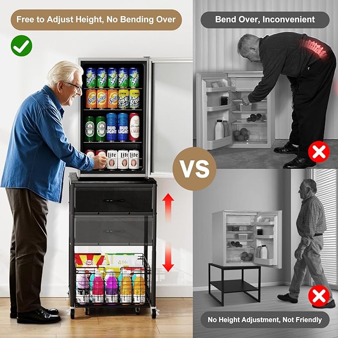 Housolution Mobile Mini Fridge Stand with Storage, Height-Adjustable Mini Beverage Fridge Table, Coffee Bar, 200 lbs Heavy-Duty Compact Refrigerator Shelf with Rolling Cabinet for Kitchen Home, Black