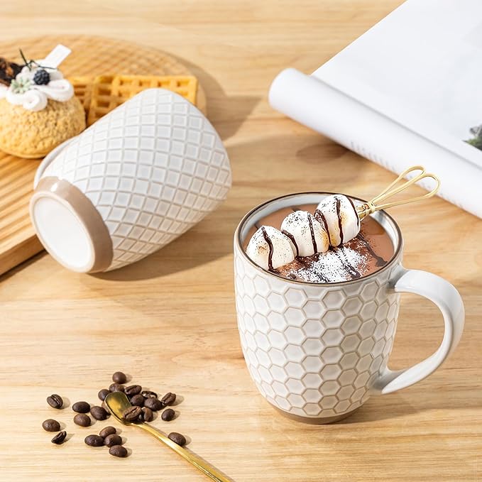 GBhome Large Coffee Mugs Set of 4, 16oz Handmade Embossed Coffee Mugs Set with Large Handle for Cappuccino/Latte/Tea/Hot Cocoa, Dishwasher & Microwave Safe, Off White