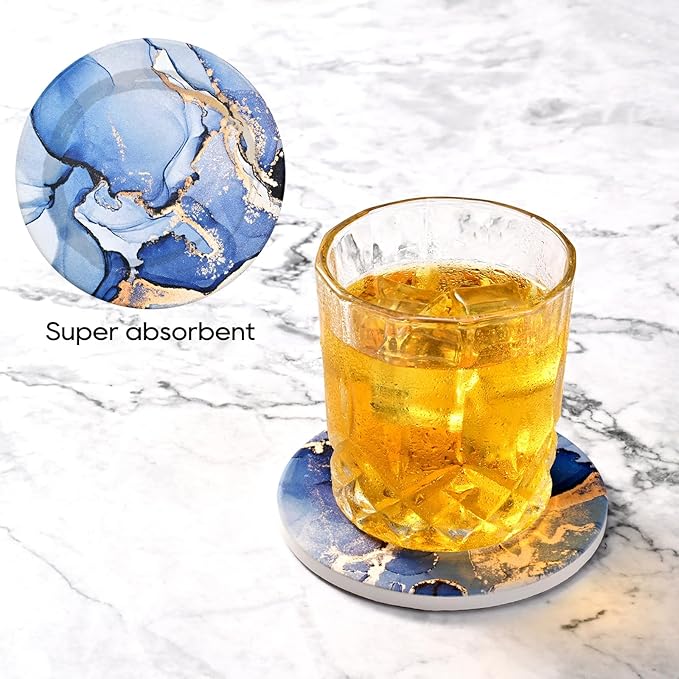 CoColemon Navy Blue Absorbent Coasters Set of 6, Marble Abstract Coaster with Holder, Home Coffee Table Décor for Women, Cute Cork Coasters for Drinks