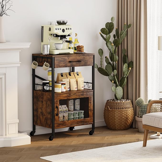 Homeiju Kitchen Island Cart, Kitchen Storage Cart with Drawer, Microwaves Stand, Coffee Cart, Rolling Kitchen Cabinet Cart with Hooks for Kitchen, Dining Room