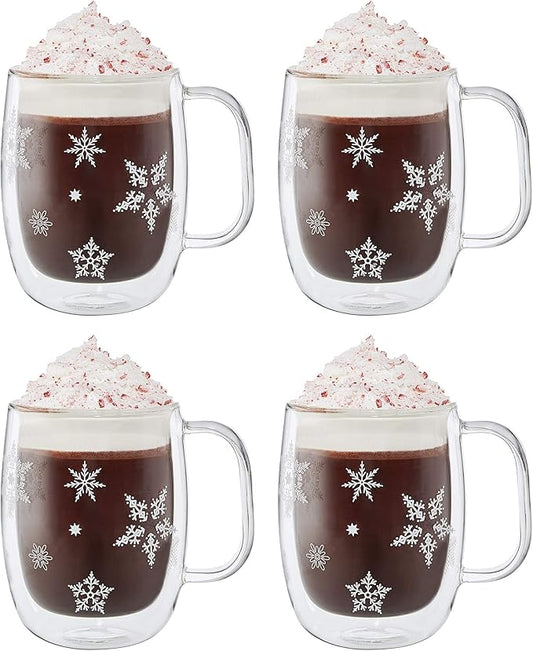 ZWILLING Sorrento Double Wall Glass Snowflake Coffee Mugs, Set of 4, 12oz. Each