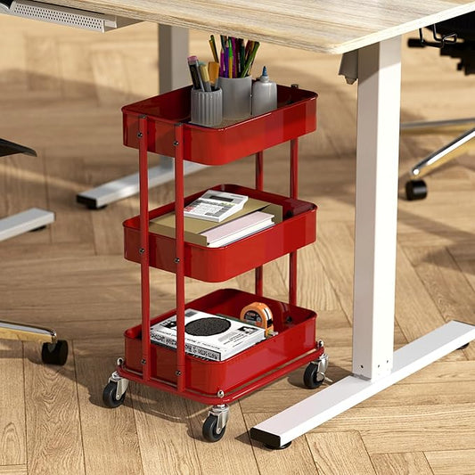 Simple Houseware 3-Tier Compact Utility Rolling Cart, Low 24” Height Fits Under Desk, Space-Saving Storage for Home Office, Dining Room, or Kitchen, Red