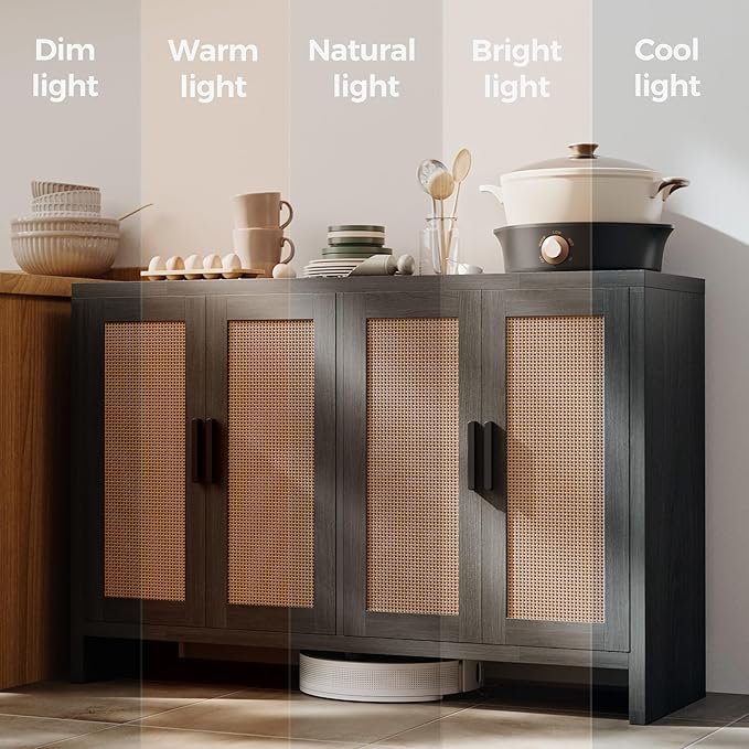 Mericonia Rattan Buffet Cabinet with Storage, Sideboard with Doors, Console Table, Farmhouse Coffee Bar, Modern Wood Long Cabinets (Brown Black)