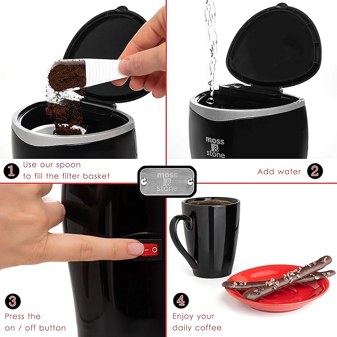 Moss & Stone Mini Drip Coffee Maker with Mug, Small Coffee Pot With Coffee Cup, One Cup Coffee Maker (1 Drip & 4oz Mug)