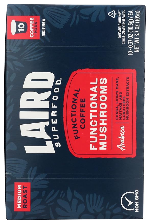 Laird Superfood K-Cups with Functional Mushrooms – Medium Roast, 10ct - Made with Organic Extracts of Chaga Mushrooms, Lion’s Mane, Maitake, and Cordyceps Functional Mushrooms