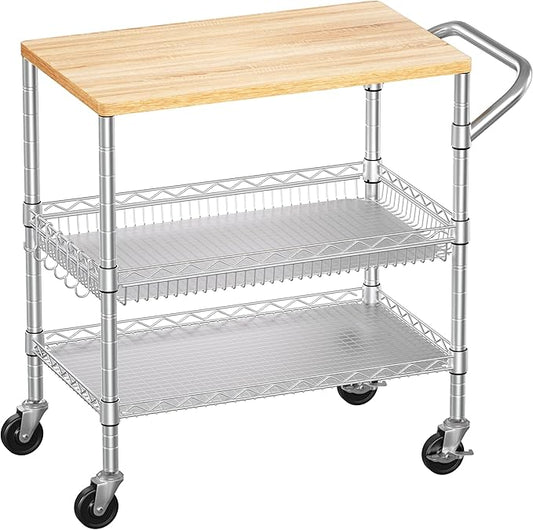 WDT 3 Tier Rolling Kitchen Carts with Wheels, Heavy Duty Rolling Utility Cart with Wood Tabletop, Commercial Grade Metal Cart with Handle and Hooks, NSF Storage Serving Island Carts, Light Wood+Metal