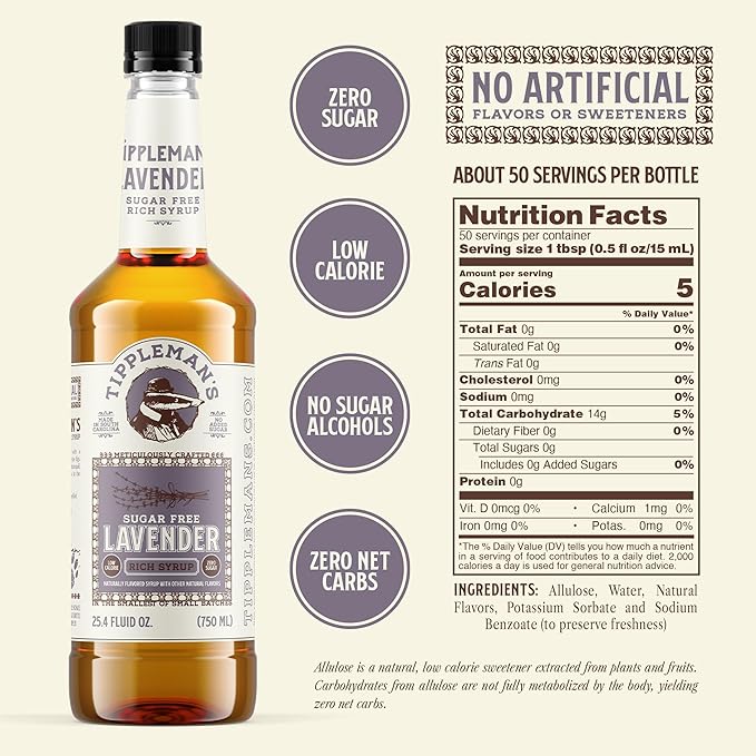 Tippleman's Sugar Free Lavender Coffee Syrup, Zero-Sugar, Great for Drinks, Lattes & Espressos – 750ml Bottle Fits Pump