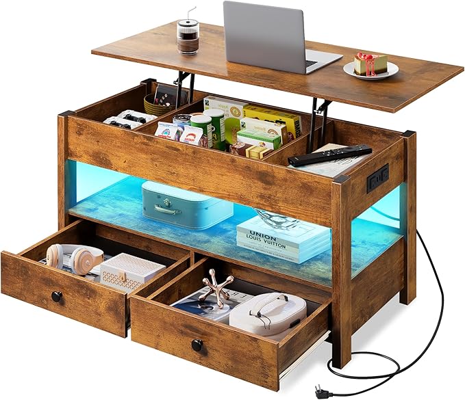 WLIVE Coffee Table, Lift Top Coffee Table with 2 Drawers, LED Light, Large Storage and Open Shelf, Lift Tabletop for Living Room, Black, Rustic Brown