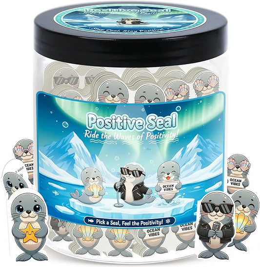 Positive Seal Jar with 60 Affirmation Cards, Emotional Support Seal, Teacher Appreciation Gift, Mental Health and Office Decor, Funny Gift for Boys and Birthdays