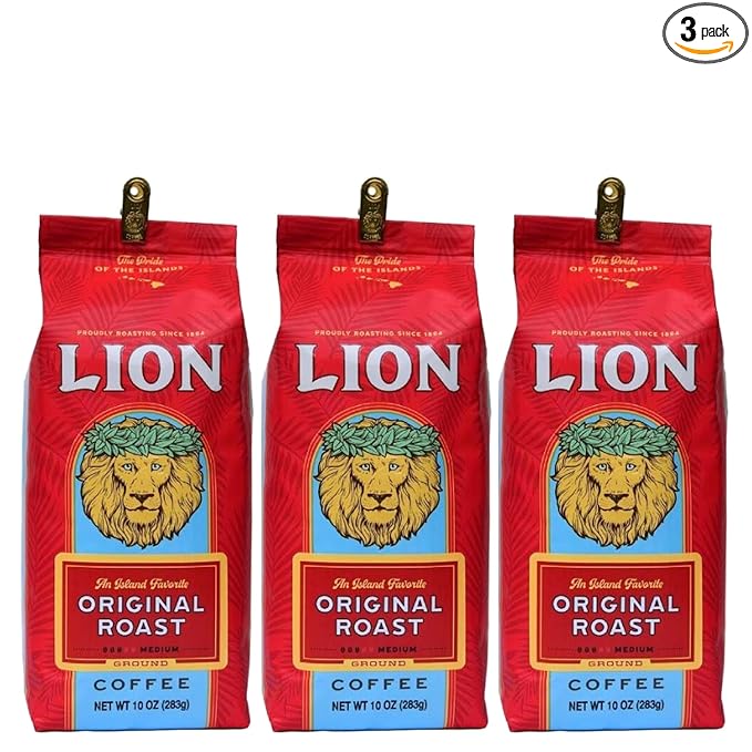 Lion Coffee 3-Pack Classic Original Ground Coffee, Medium Roast, A Taste of Aloha - 10 Ounce Bags (Pack of Three)