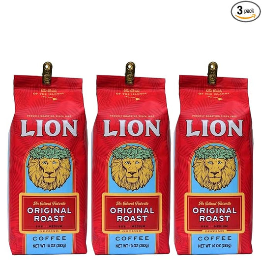 Lion Coffee 3-Pack Classic Original Ground Coffee, Medium Roast, A Taste of Aloha - 10 Ounce Bags (Pack of Three)