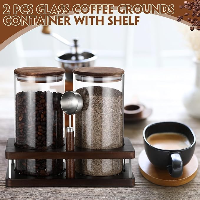 Suclain Glass Coffee Grounds Container with Shelf 2 x 44 oz Glass Coffee Bean Storage Canisters with Airtight Thread Lid and Measuring Spoon Food Storage Jars for Kitchen Sugar(Clear Style)