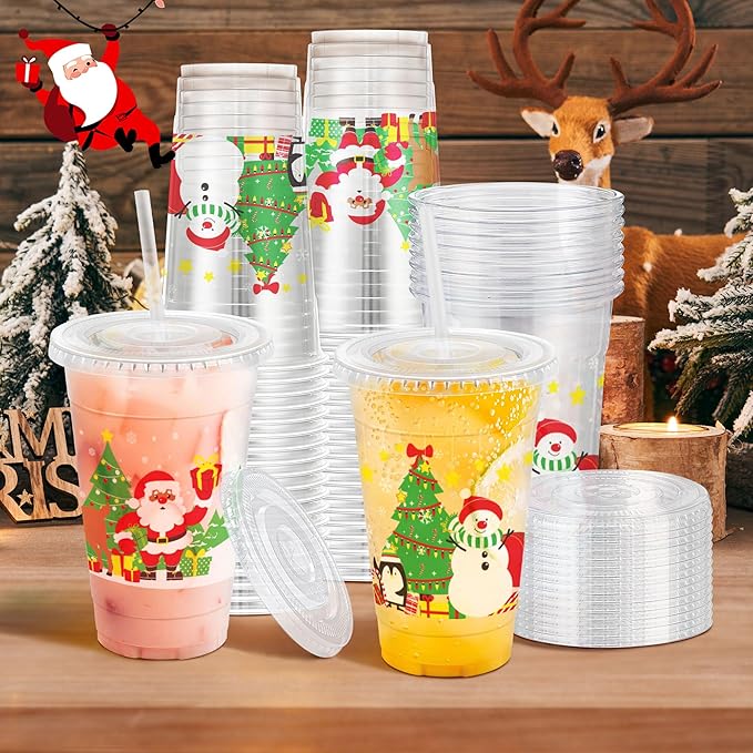 Clawsoff Christmas 20 OZ 50 Pack Plastic Cups with Lids and Straws, Sturdy Food Safe Iced Clear Coffee Cups Disposable Smoothie Cups for Cold Drinks