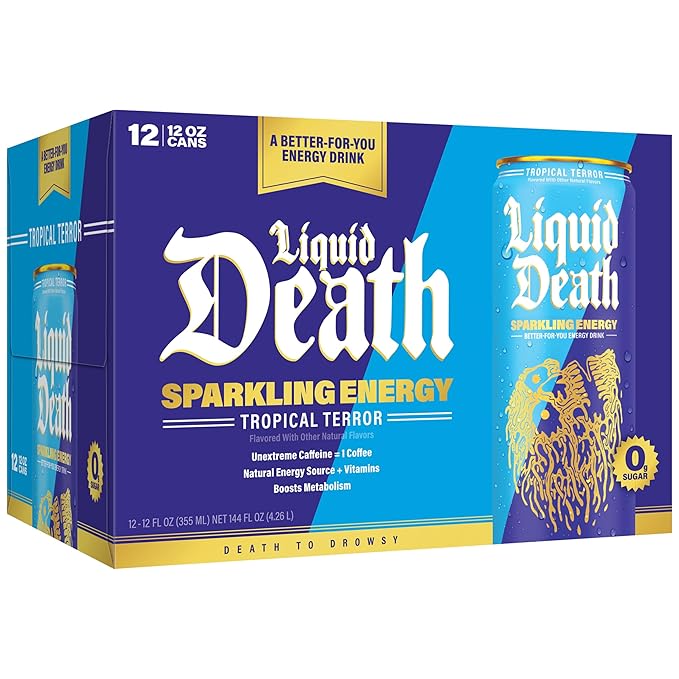 Liquid Death Sparkling Energy - Tropical Terror (Classic Piña Colada), Sugar-Free Energy Drink, Unextreme Caffeine 100mg, Essential Vitamins, 12 Fl Oz (Pack of 12)