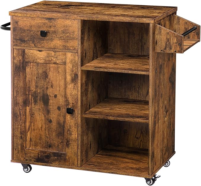 HOOBRO Kitchen Island, Storage Cabinet with Drawer, Kitchen Cart with Spice and Towel Rack, Saving Space, Easy Assembly, for Living Room, Rustic Brown BF12ZD01
