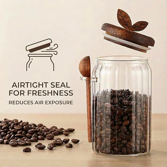 Glass Coffee Canister with Wooden Lid & Spoon, Airtight Food Storage Jar for Coffee, Sugar, Salt, Tea & Snacks (17floz)