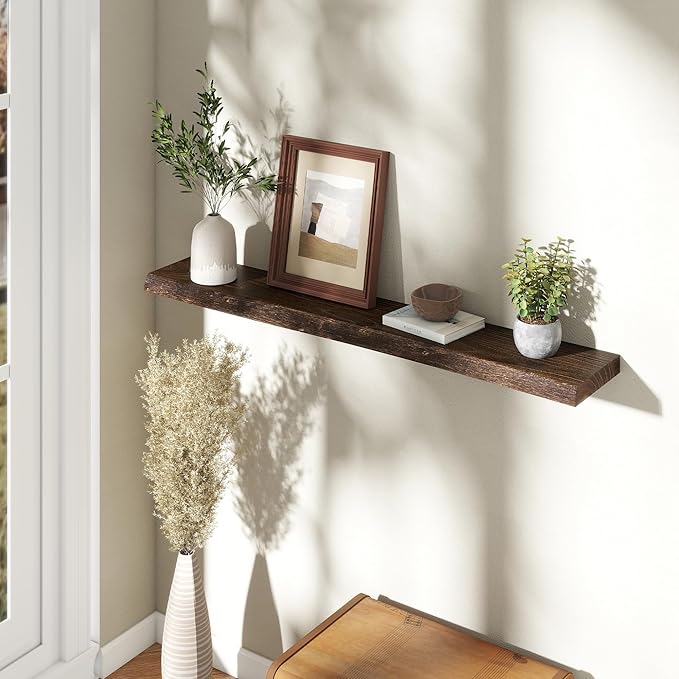 Rustic Elm Wood Floating Shelves 48 Inch, Wall Mounted Live Edge Floating Shelf for Bathroom Living Room Kitchen, Long Wooden Wall Shelves with Heavy-Duty Bracket for Books Decor Storage, Walnut