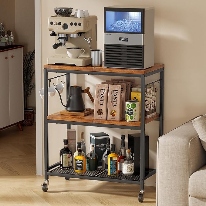 3 Tier Rolling Kitchen Microwave Cart with 6 Hooks, Utility Cart Storage Table Stand on Lockable Wheels, Small Coffee Shelf Rack Organizer,Brown