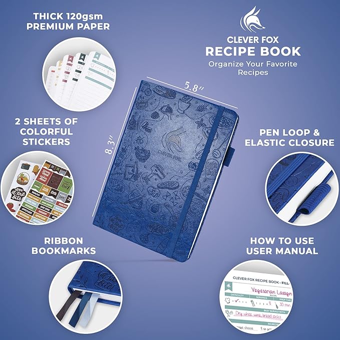 Clever Fox Recipe Book – Blank Family Cookbook – Empty Cooking Journal – Notebook Organizer to Write In Recipes – Medium, A5 (Royal Blue)