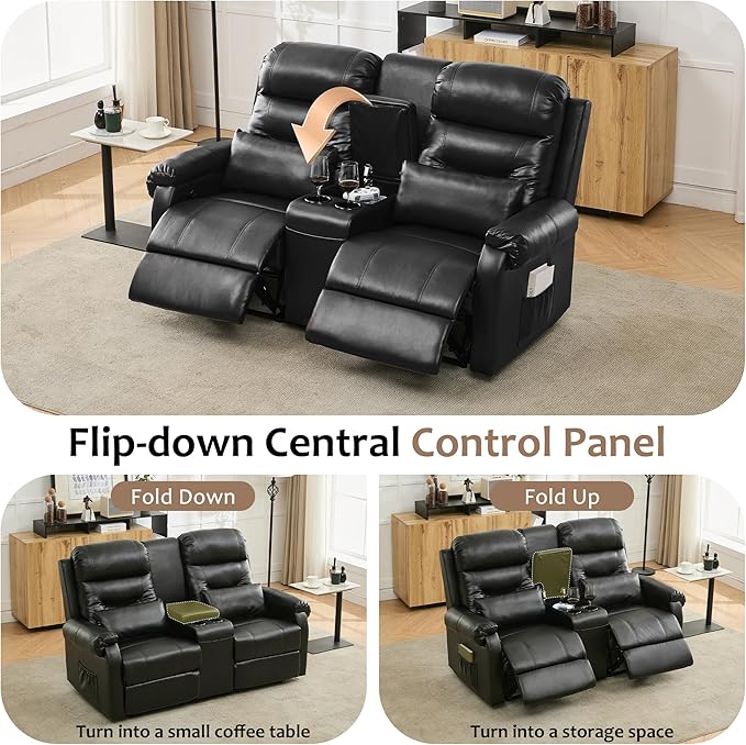DRMBOOK RV Loveseat Recliner Sofa with Console, Faux Leather Double Wall Hugger Reclining Couch Manual Home Movie Seating 2 Person Recliner Chair with Cup Holders/Storage/Pocket/Lumbar Pillow, Black
