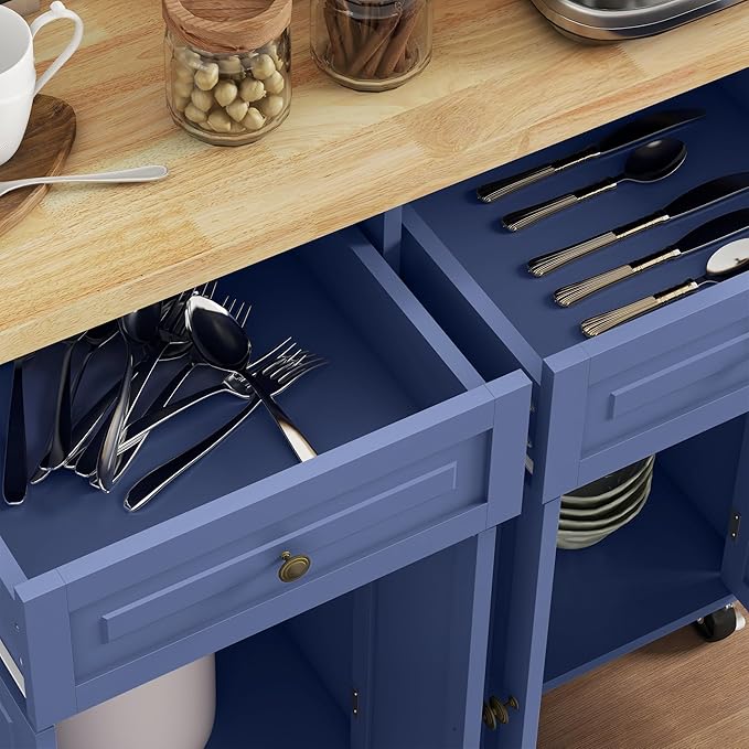HOMCOM Kitchen Island Cart with Rubber Wood Top, Rolling Kitchen Island Table on Wheels with Drawers, Adjustable Shelves, Spice Rack and Towel Rack for Dining Room, Navy Blue