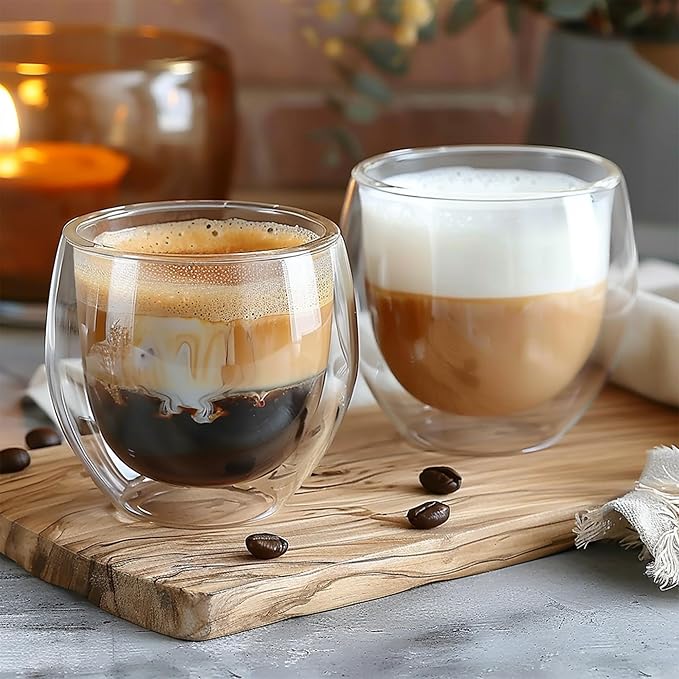 5 Ounces Set of 4 Double Walled Glass Coffee Mugs Insulated Layer Coffee Cups Borosilicate Glass Espresso Double Insulated Clear Glass Coffee Mug for Hot Beverages