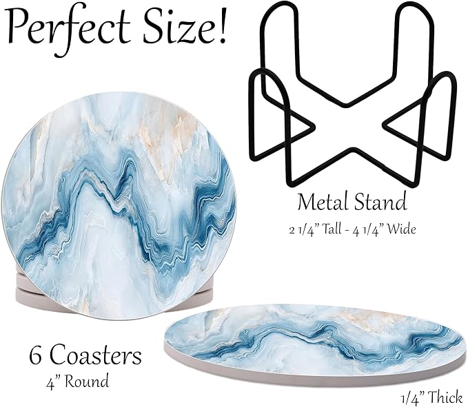 Blue Agate Marble Round Coasters Set of 6 - Abosrbent Ceramic Coasters with Metal Stand for Drinks, Coffee, Non-Slip Cork Back for Tabletop Protection, 4 Inches Marbled Pattern (Light Blue)
