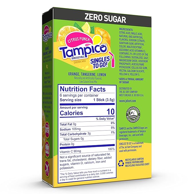 Tampico Singles To Go Drink Mix Packets, Citrus Punch, 6-Count Box – Zero Sugar, Low Calorie Powdered Drink Packets, 100% DV of Vitamin C per Serving, Convenient, On-The-Go Water Enhancers