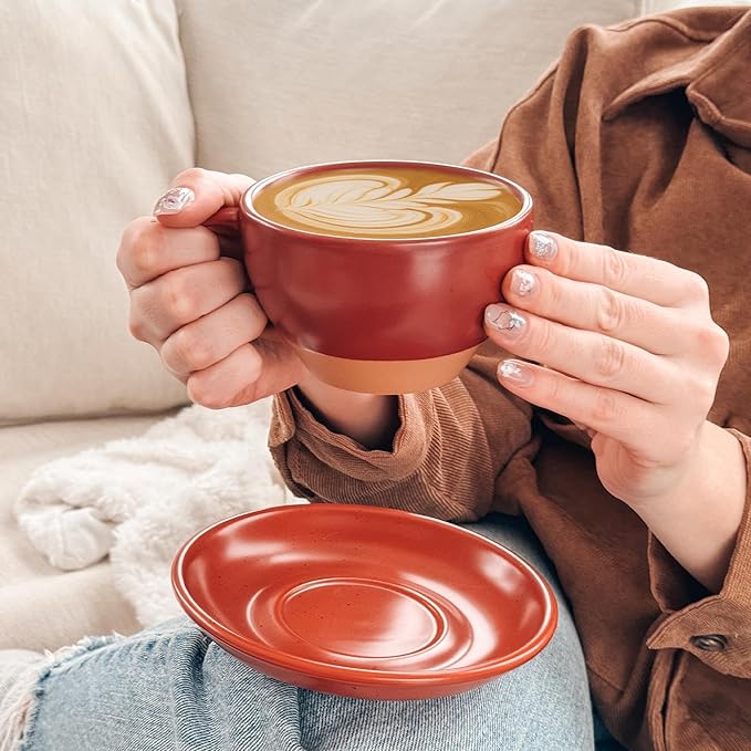 MORA Ceramic Latte Art Mug With Saucer - 10.5 oz, Round Bottom For Perfect Pours - Cafe Cups for Cappuccino, Espresso, Coffee, Tea etc - Porcelain Set for Baristas, Great Gift - Crimson Red