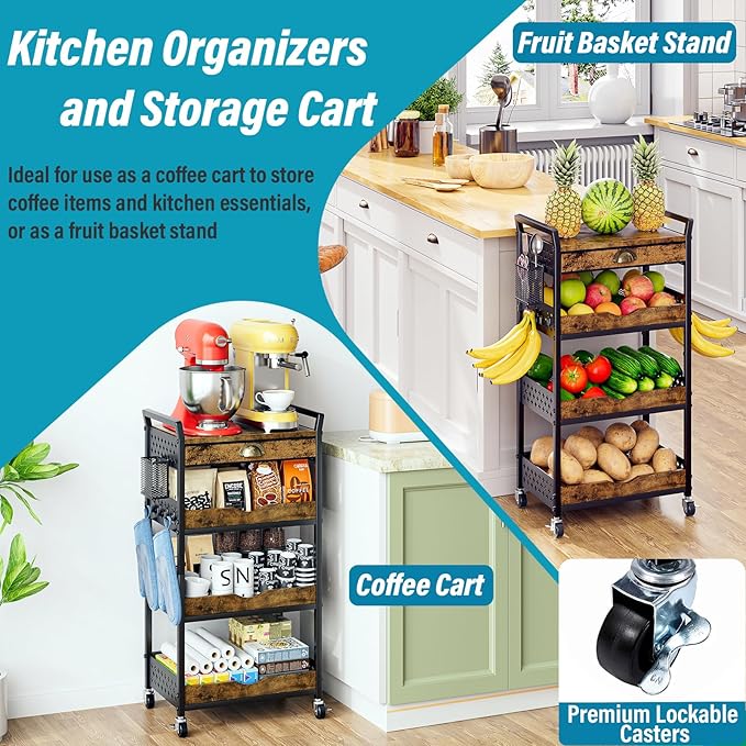 Rolling Cart Organizer with Removable Drawer, 4-Tier Art and Craft Storage Cart, Nail Makeup Organizer, Metal Utility Cart with Wheels for Kitchen Bathroom Essentials, Coffee Supplies, Snack