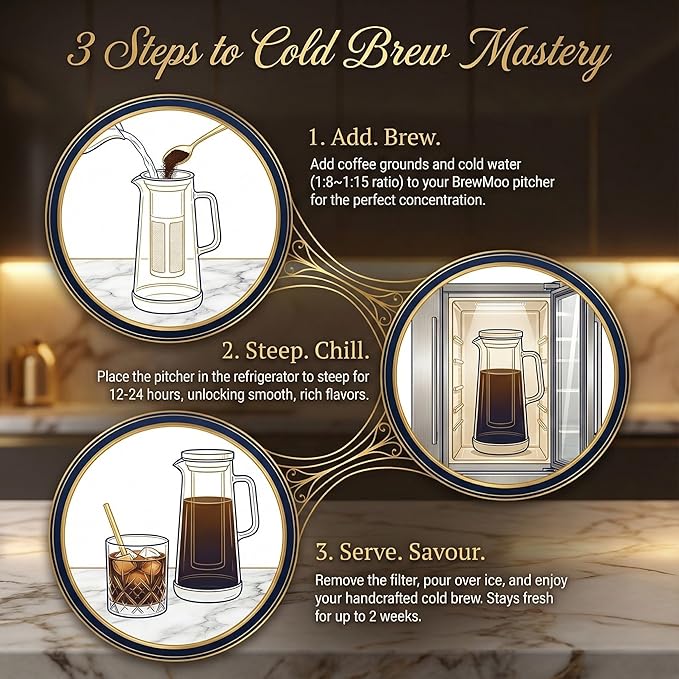 BrewMOO- Airtight Cold Brew Coffee Maker Pitcher, 1.4L/48Oz Thick Glass Carafe with Filter, Comfort Sturdy Handle & Wide Spout, Non-Slip Base | Iced Tea Maker (Black)
