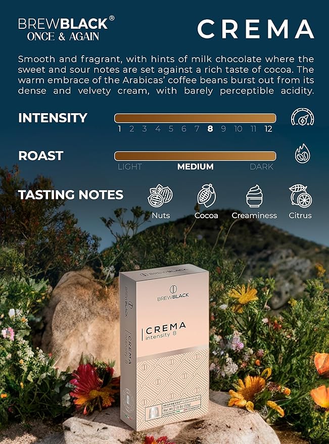 BrewBlack Crema Coffee Capsules - 120 Aluminum Coffee Pods Compatible with Nespresso Original line, Medium Roast - Intensity 8/12, Made in Italy