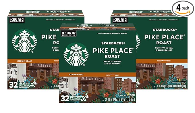 Starbucks Coffee K-Cup Pods for Keurig Brewers, Pike Place Roast, Medium Roast (32 Count (Pack of 4))
