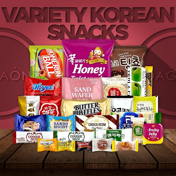 Dagaon Korean Snack Box 30 Count - Sweet and Savory Snacks. Variety of Korean Treats Including Chips, Biscuits, Cookies, Pies, Candies.. Assortment of Korean Snacks for Anyone.
