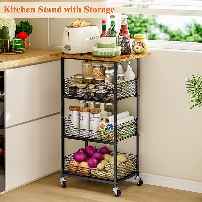 Kitchen Microwave Cart with Fruit Baskets, 4 Tier Microwave Table Stand with Storage, Kitchen Storge Shelf on Wheels Small Rolling Cart Organizer Rack for Pantry, Living Room, Bathroom