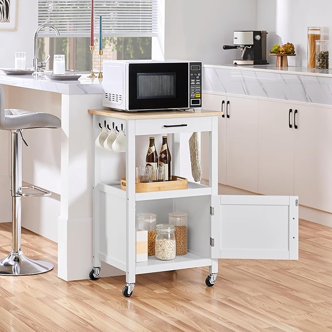 Yaheetech Kitchen Island Cart with Storage, Rolling Kitchen Island on Wheels with 6 Side Hooks, Wood Top Microwave Cart with Drawer for Dining Room, White