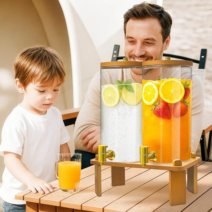 VERSSURE 2PCS Drink Dispenser, 1.5 Gallon Each Glass Beverage Dispenser with Wood Stand and Stainless Steel Faucet Ideal for Juice, Lemonade, and Tea,Large Drink Dispenser for Parties and Home Use