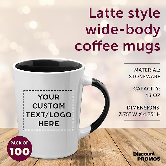 Custom Ceramic Latte Coffee Mugs by Albany 13 oz. Set of 100, Personalized Bulk Pack - Perfect for Coffee, Tea, Espresso, Hot Cocoa, Other Beverages - Black