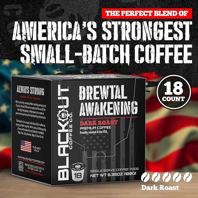 Blackout Coffee Brewtal Awakening Dark Roast Coffee – HIGH CAFFEINE, Bold & Strong, Fuel Your Mission – 18 Count Coffee Pods