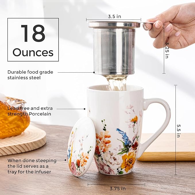 GBHOME Tea Mug with Infuser and Lid, 18 Ounce Large Ceramic Loose Leaf Tea Cup, Microwave, Dishwasher Safe Tea Steeping Mug, Pefect Gift For Tea Lover.