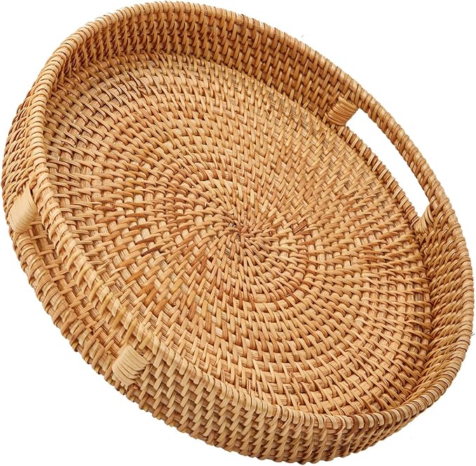 Round Rattan Serving Tray with Handles, Hand Woven Basket, Home Decor Organizer Tray for Breakfast, Tea, Snack, Fruit, Coffee,Storage (Large)(14.17inchX2.3inch)