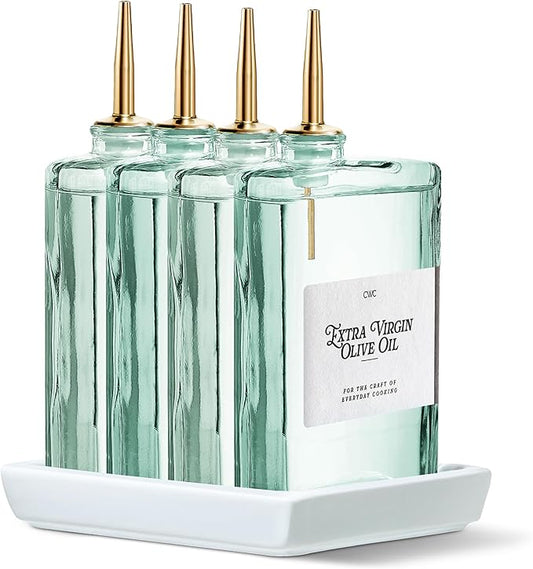 COOK WITH COLOR Olive Oil Dispenser Bottle - 4 Pk Glass Oil Dispenser for Kitchen - Condiment, Coffee Syrup & Vinegar Dispenser, Olive Oil Cruet, Includes 8 Auto Pourer Spouts